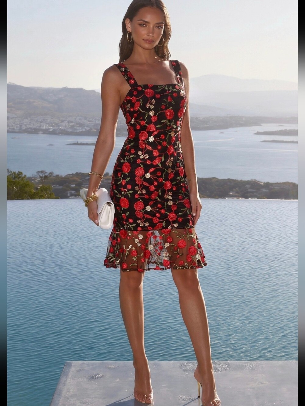 Impressions Women's Black Floral Embroidered Sheer Ruffled Midi Dress Sz M - Picture 2 of 12